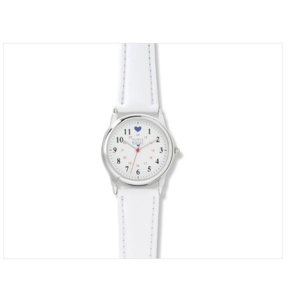 Nurse Mates Chrome bezel women's nurse watch water-resistant leather strap-White